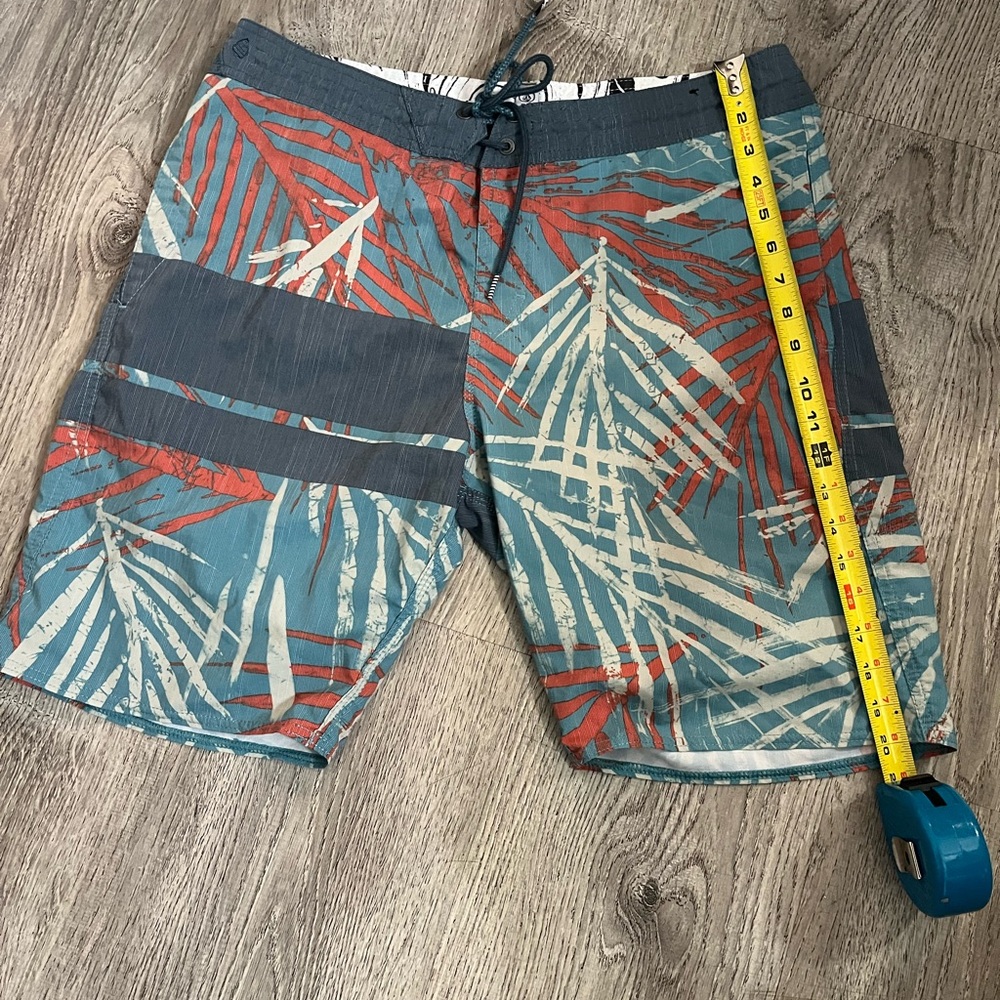 Volcom Blue and Orange Board Shorts with Tropical Print